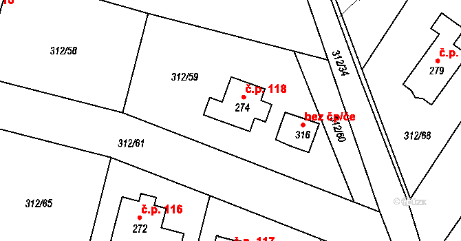 Paršovice 118 na parcele st. 274 v KÚ Paršovice, Katastrální mapa
