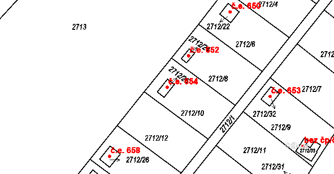 Kopřivnice 654 na parcele st. 2712/25 v KÚ Kopřivnice, Katastrální mapa