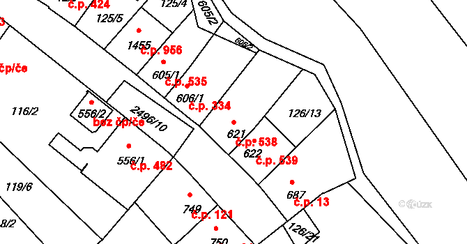 Luhačovice 538 na parcele st. 621 v KÚ Luhačovice, Katastrální mapa