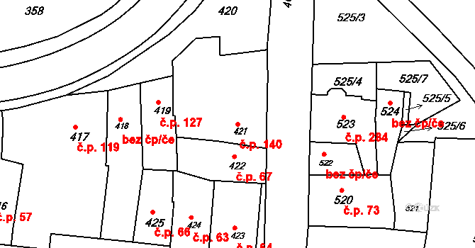 Hrušky 140 na parcele st. 421 v KÚ Hrušky u Brna, Katastrální mapa