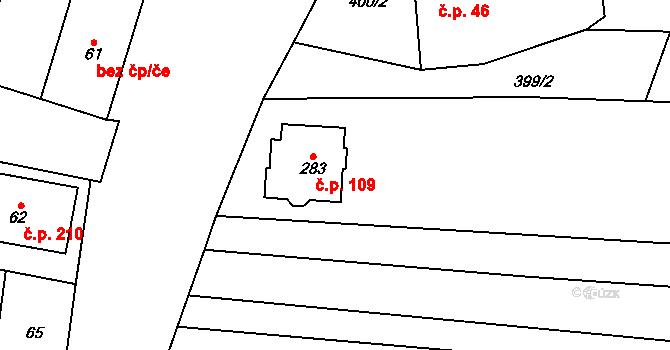 Drysice 109 na parcele st. 283 v KÚ Drysice, Katastrální mapa