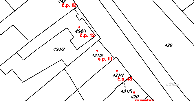 Huštěnovice 11 na parcele st. 431/2 v KÚ Huštěnovice, Katastrální mapa