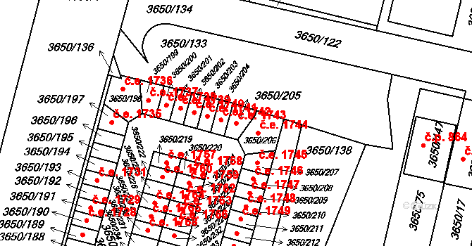 Jindřichův Hradec III 1743, Jindřichův Hradec na parcele st. 3650/205 v KÚ Jindřichův Hradec, Katastrální mapa