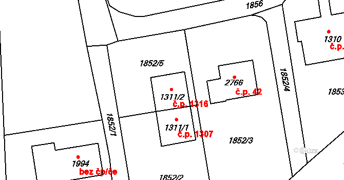 Litovel 1316 na parcele st. 1311/2 v KÚ Litovel, Katastrální mapa