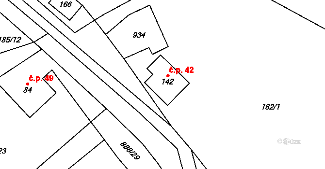 Rváčov 42, Vysočina na parcele st. 142 v KÚ Rváčov u Hlinska, Katastrální mapa