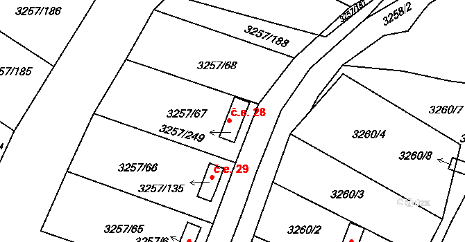 Tachov 28 na parcele st. 3257/249 v KÚ Tachov, Katastrální mapa
