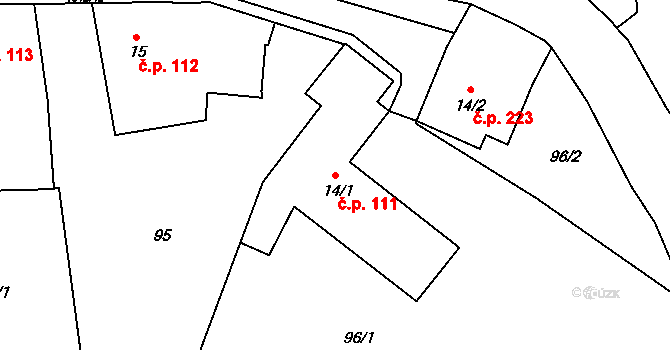 Hrochův Týnec 111 na parcele st. 14/1 v KÚ Hrochův Týnec, Katastrální mapa