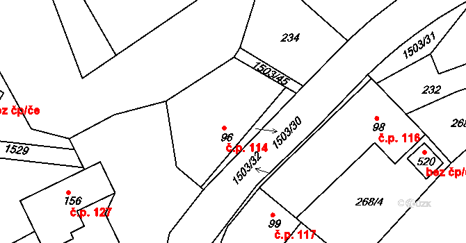 Rosice 114 na parcele st. 96 v KÚ Rosice u Chrasti, Katastrální mapa