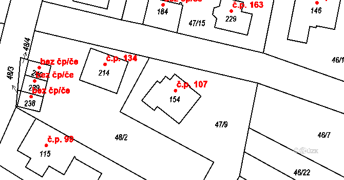 Rostoklaty 107 na parcele st. 154 v KÚ Rostoklaty, Katastrální mapa