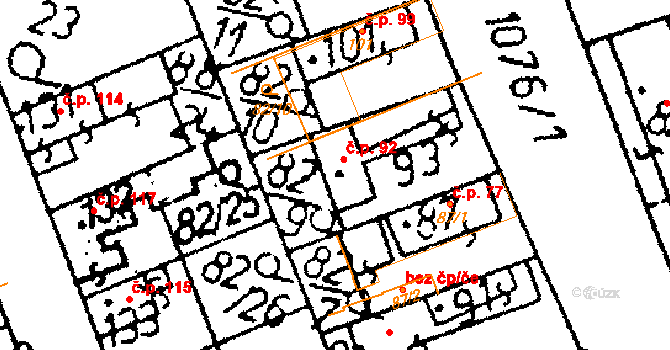 Tři Dvory 92 na parcele st. 93 v KÚ Tři Dvory, Katastrální mapa