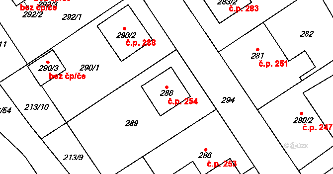 Chotíkov 254 na parcele st. 288 v KÚ Chotíkov, Katastrální mapa