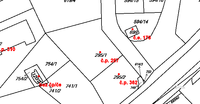 Běloves 287, Náchod na parcele st. 295/1 v KÚ Běloves, Katastrální mapa