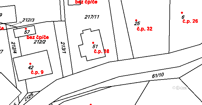 Poběžovice u Přelouče 38 na parcele st. 51 v KÚ Poběžovice u Přelouče, Katastrální mapa