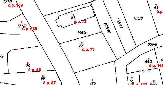 Rosice 73, Pardubice na parcele st. 77 v KÚ Rosice nad Labem, Katastrální mapa