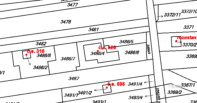 Šlapanice 626 na parcele st. 3486/4 v KÚ Šlapanice u Brna, Katastrální mapa