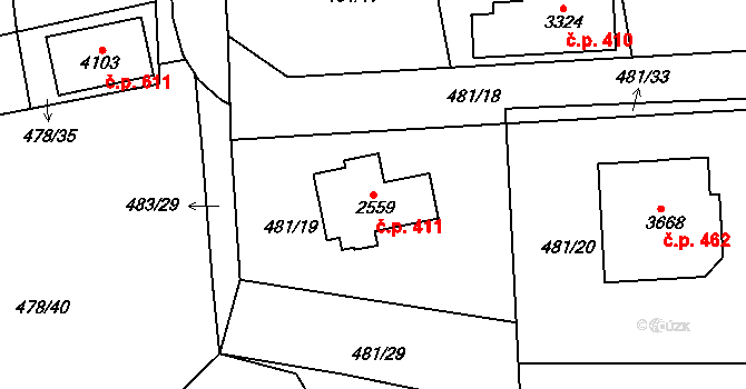 Horní Brána 411, Český Krumlov na parcele st. 2559 v KÚ Český Krumlov, Katastrální mapa