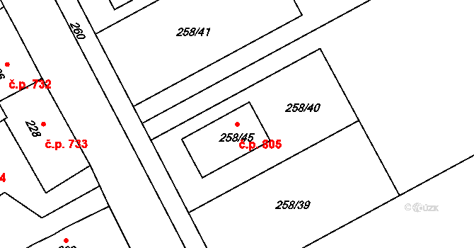 Březce 805, Štěpánov na parcele st. 258/45 v KÚ Březce, Katastrální mapa