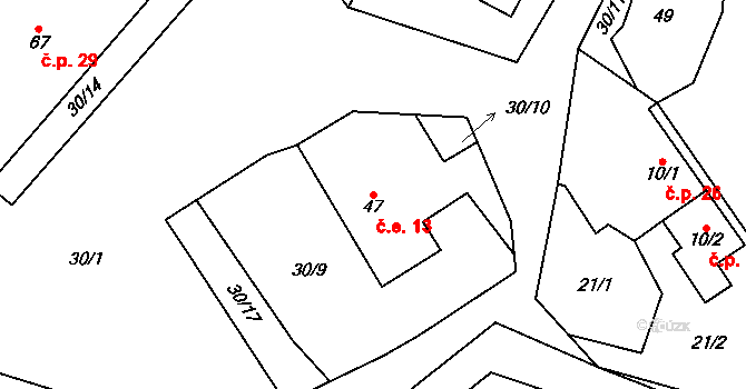 Podmoklany 13 na parcele st. 47 v KÚ Podmoklany, Katastrální mapa