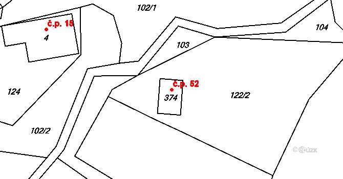 Jiříčkov 52, Světlá pod Ještědem na parcele st. 374 v KÚ Světlá pod Ještědem, Katastrální mapa