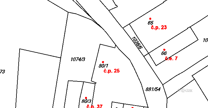 Chalupy 25, Zemětice na parcele st. 80/1 v KÚ Zemětice, Katastrální mapa