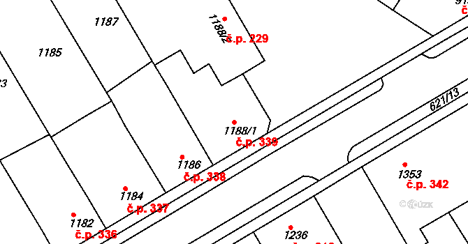 Hrušky 339 na parcele st. 1188/1 v KÚ Hrušky, Katastrální mapa