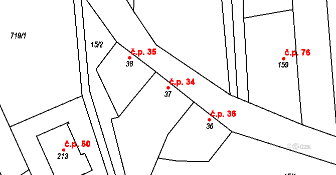 Žárovice 34, Plumlov na parcele st. 37 v KÚ Žárovice, Katastrální mapa