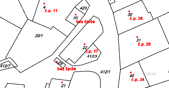 Vržanov 17, Kamenice na parcele st. 22 v KÚ Vržanov, Katastrální mapa