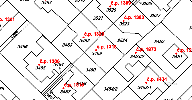 Roztoky 1318 na parcele st. 3459 v KÚ Žalov, Katastrální mapa