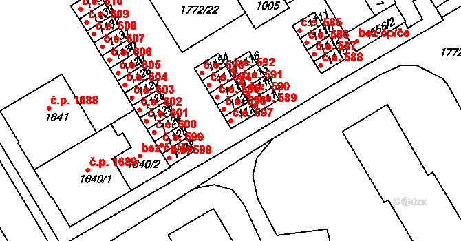 Tišnov 597 na parcele st. 1121 v KÚ Tišnov, Katastrální mapa