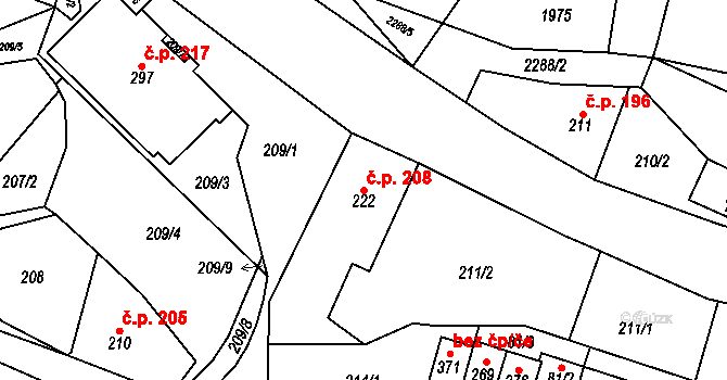 Radeč 208, Úpice na parcele st. 222 v KÚ Radeč, Katastrální mapa