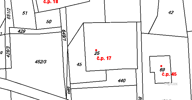Zářecká Lhota 17 na parcele st. 25 v KÚ Zářecká Lhota, Katastrální mapa
