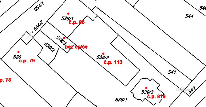 Tuřany 113, Brno na parcele st. 538/2 v KÚ Tuřany, Katastrální mapa