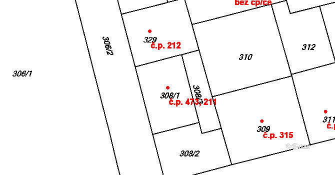 Ponava 211,473, Brno na parcele st. 308/1 v KÚ Ponava, Katastrální mapa