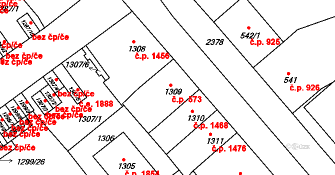 Teplice 573 na parcele st. 1309 v KÚ Teplice, Katastrální mapa