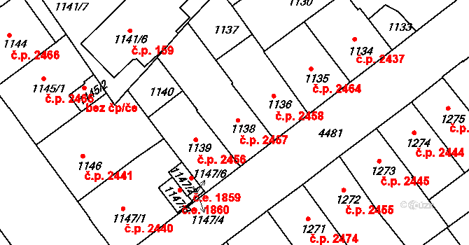 Teplice 2457 na parcele st. 1138 v KÚ Teplice, Katastrální mapa
