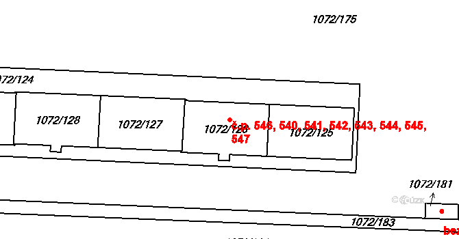 Hloubětín 540,541,542,543,544,, Praha na parcele st. 1072/126 v KÚ Hloubětín, Katastrální mapa