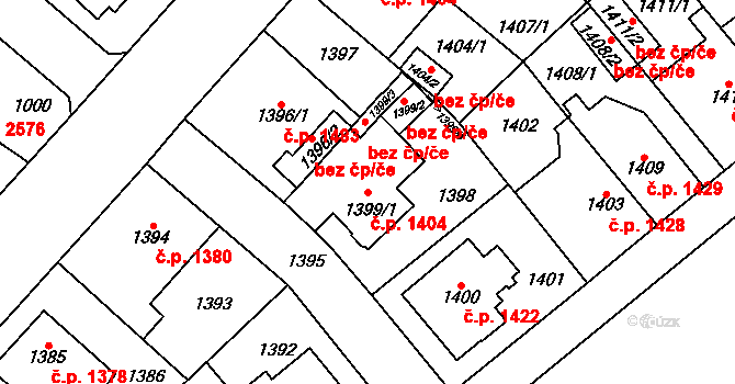 Chomutov 1404 na parcele st. 1399/1 v KÚ Chomutov I, Katastrální mapa