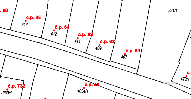 Blučina 62 na parcele st. 409 v KÚ Blučina, Katastrální mapa