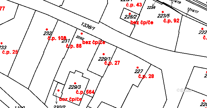Božkov 27, Plzeň na parcele st. 229/1 v KÚ Božkov, Katastrální mapa