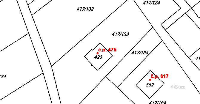 Lubina 475, Kopřivnice na parcele st. 423 v KÚ Drnholec nad Lubinou, Katastrální mapa