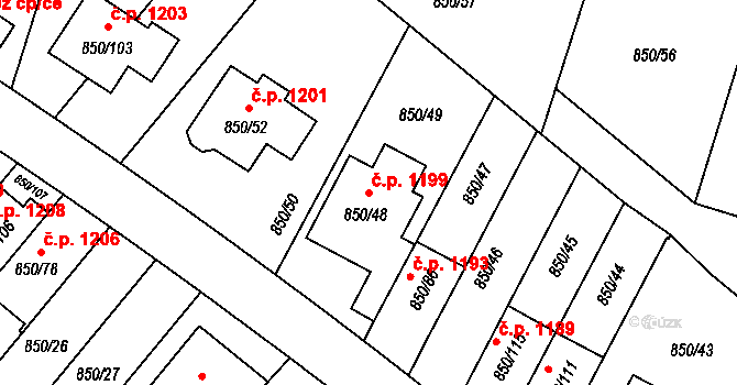 Mohelnice 1199 na parcele st. 850/48 v KÚ Mohelnice, Katastrální mapa