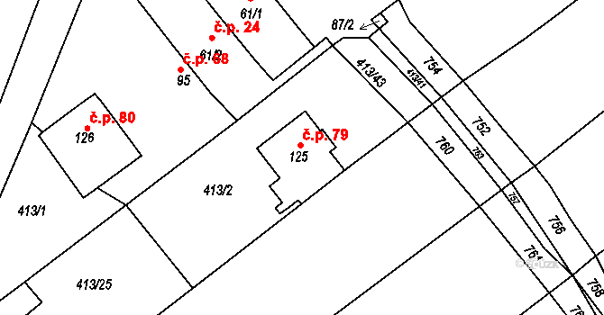 Kladeruby nad Oslavou 79 na parcele st. 125 v KÚ Kladeruby nad Oslavou, Katastrální mapa