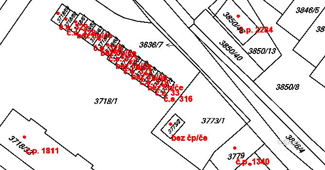 Předměstí 316, Litoměřice na parcele st. 3718/72 v KÚ Litoměřice, Katastrální mapa