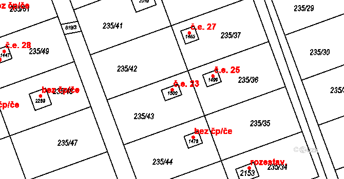 Podklášteří 23, Třebíč na parcele st. 1500 v KÚ Podklášteří, Katastrální mapa