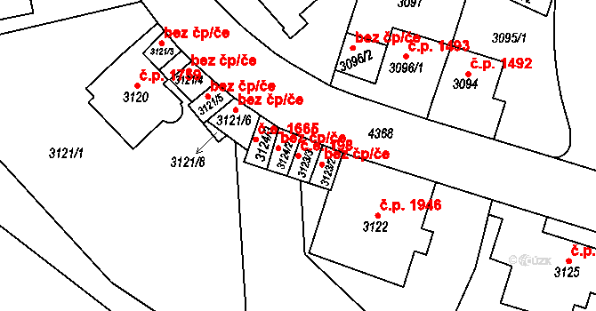 Teplice 198 na parcele st. 3123/3 v KÚ Teplice, Katastrální mapa