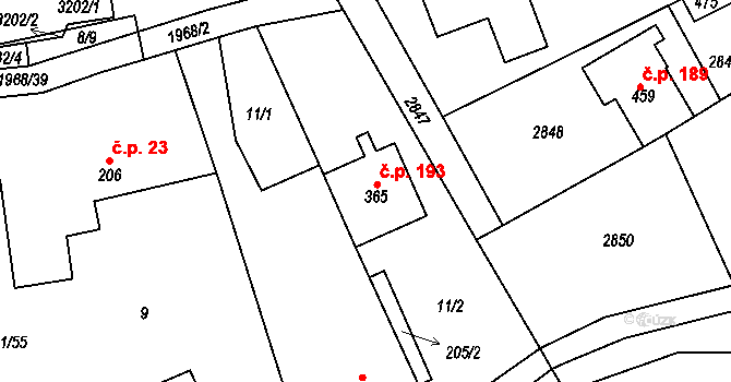 Pašovice 193 na parcele st. 365 v KÚ Pašovice na Moravě, Katastrální mapa