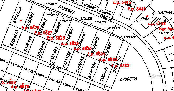 Jihlava 5531 na parcele st. 5706/644 v KÚ Jihlava, Katastrální mapa