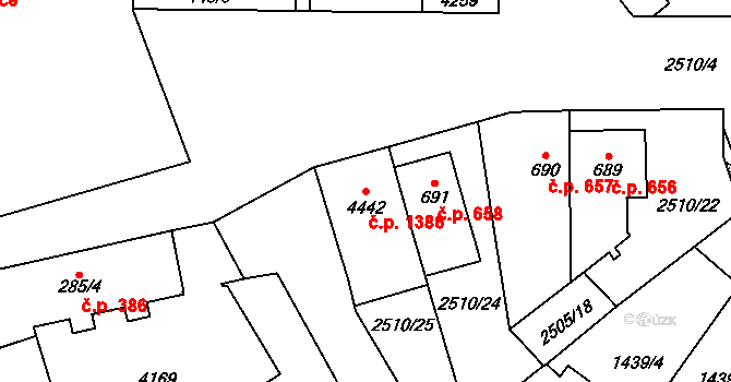 Kyjov 1386 na parcele st. 4442 v KÚ Kyjov, Katastrální mapa
