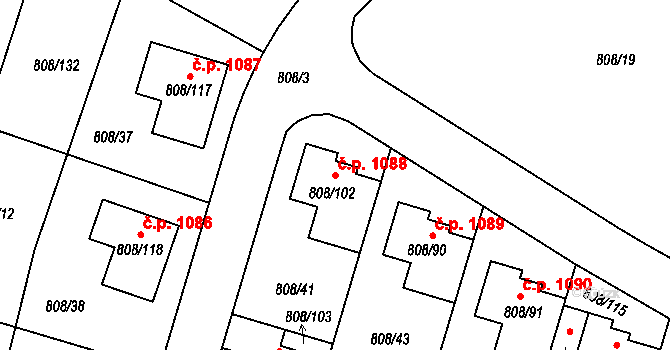 Srubec 1088 na parcele st. 808/102 v KÚ Srubec, Katastrální mapa
