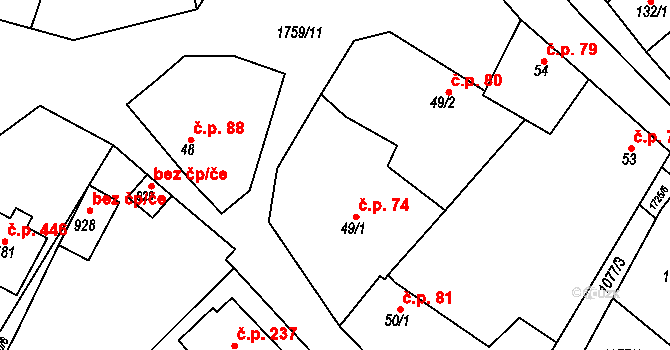 Jevišovice 74 na parcele st. 49/1 v KÚ Jevišovice, Katastrální mapa